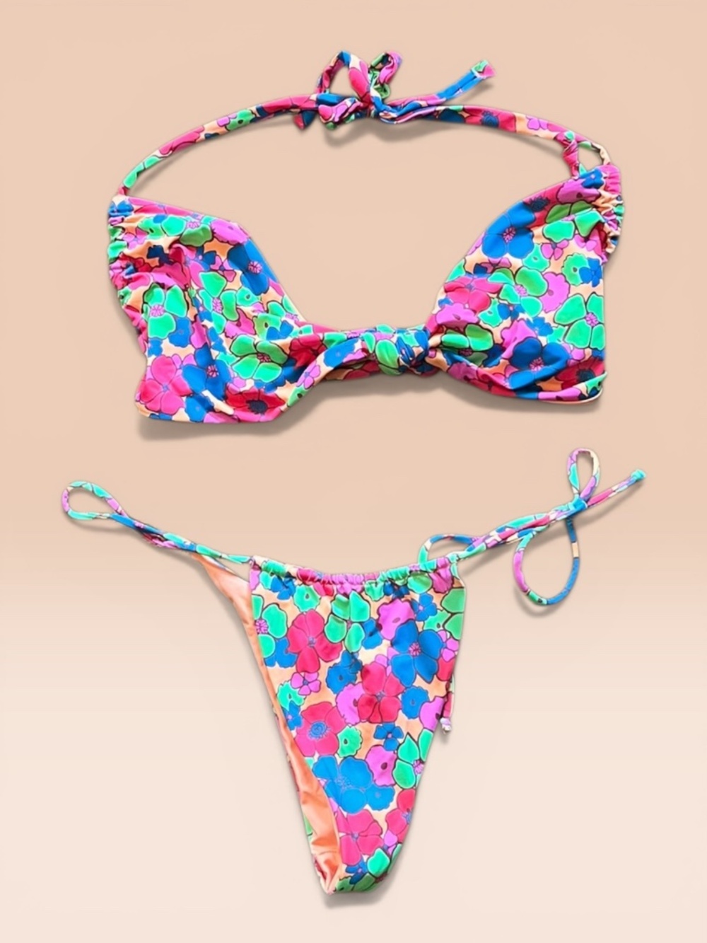 Frankies Bikinis Floral 2 Piece Bikini Set L Top M Brazilian Bottom Retro